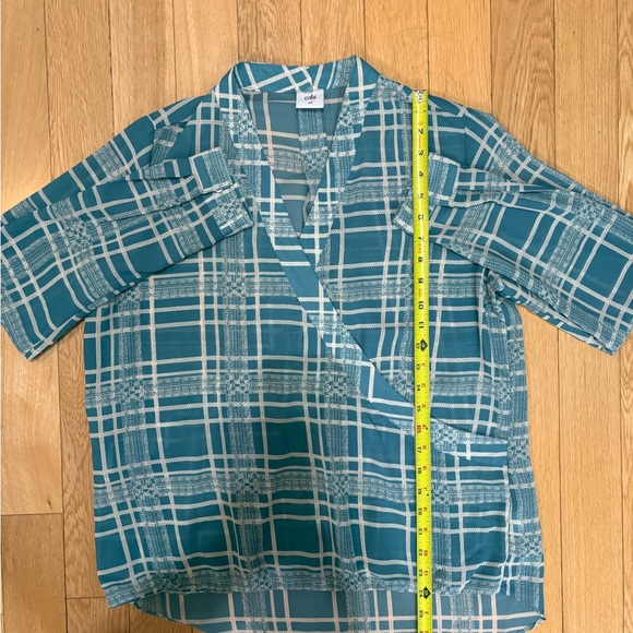 CAbi Windowpane Faux Wrap Blouse Teal Blue Cream Plaid Chiffon Boho Office #3068 - Picture 6 of 8